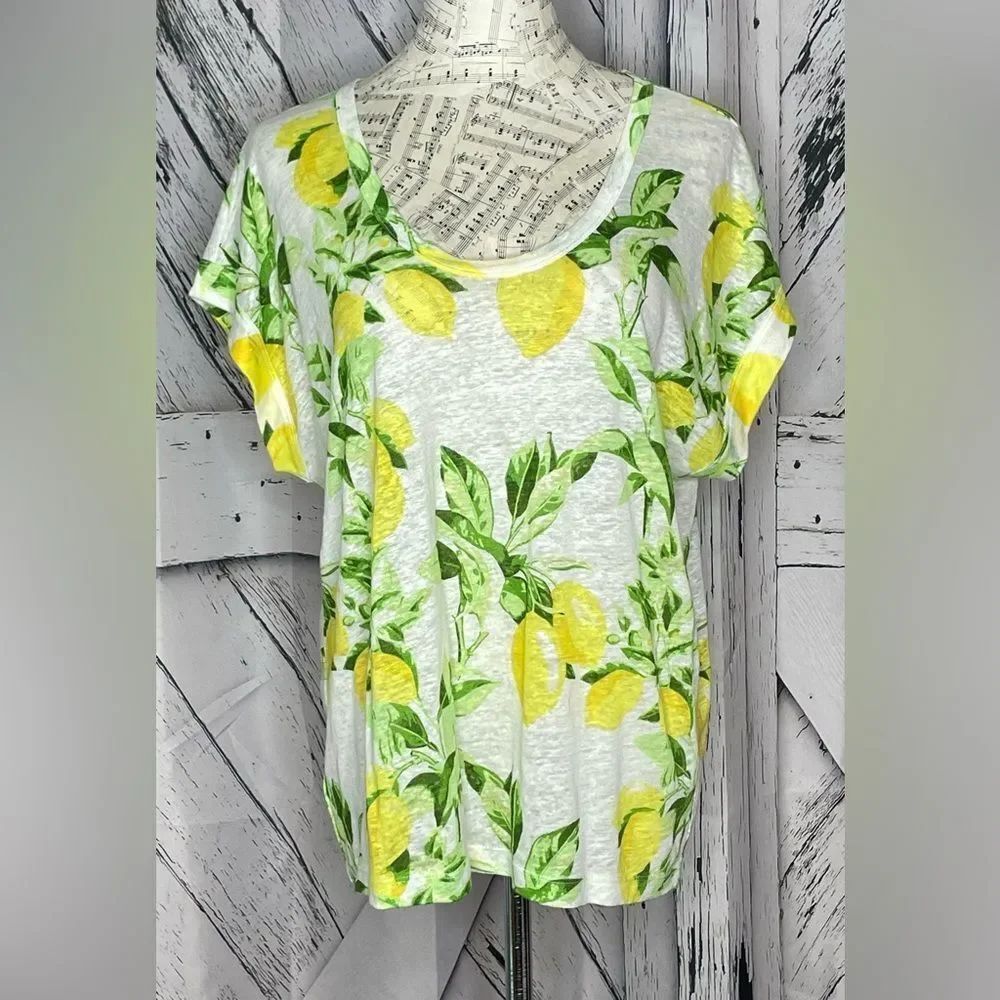 LOFT Short Sleeve Top Lemon Print Linen Size M
